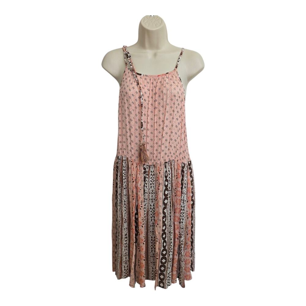 Forever 21 Plus Size 1X Boho Pink Mixed Print Tassel Tiered Maxi Dress New Tag